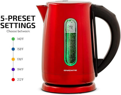 OVENTE Electric Kettle, 1.7L Stainless Steel Water Boiler and Heater with 1100W Power, Temperature Control, Keep Warm Function, Auto Shut-Off, Boil-Dry Protection and Cordless Serving, Red KS58R