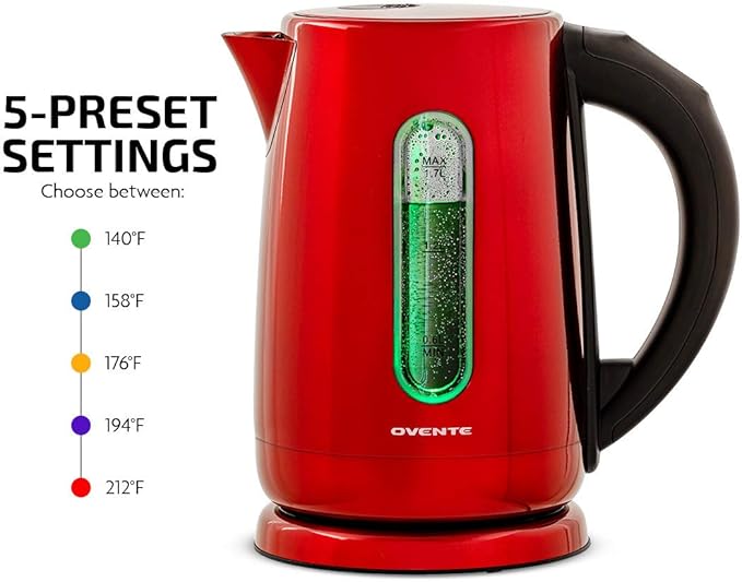 OVENTE Electric Kettle, 1.7L Stainless Steel Water Boiler and Heater with 1100W Power, Temperature Control, Keep Warm Function, Auto Shut-Off, Boil-Dry Protection and Cordless Serving, Red KS58R