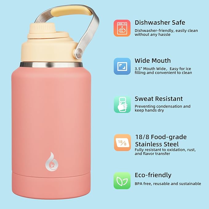 BJPKPK 64oz Insulated Water Bottles, Dishwasher Safe Half gallon Water Bottle with Metal Handle, BPA Free Spout Lid & Detachable Bowl, Large Stainless Steel Jugs, Pink