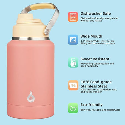 BJPKPK 64oz Insulated Water Bottles, Dishwasher Safe Half gallon Water Bottle with Metal Handle, BPA Free Spout Lid & Detachable Bowl, Large Stainless Steel Jugs, Pink