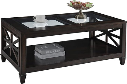 Solid Wood Coffee Table with Tempered Glass Top, Farmhouse Living Room Center Table with 2-tire Storage Shelf, Traditional Cocktail Table, 45.5” x 26” x 19” Easy Assembly, Vintage Walnut KFZ1318DC