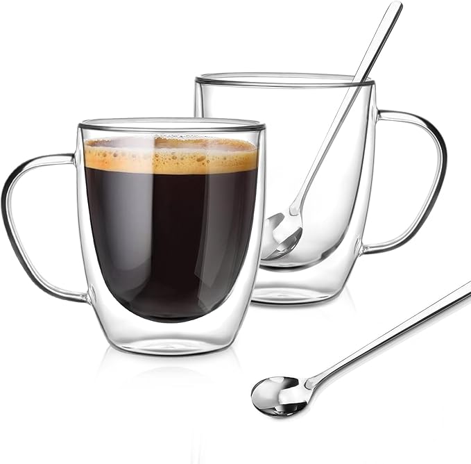 Large Double Wall Glass Coffee Mugs 18 oz, Clear Coffee Cup With Handle,Insulated Coffee Mugs Set of 2 With Spoons Perfect for Espresso, Cappuccino, Latte, American,Tea Bag, Beverage