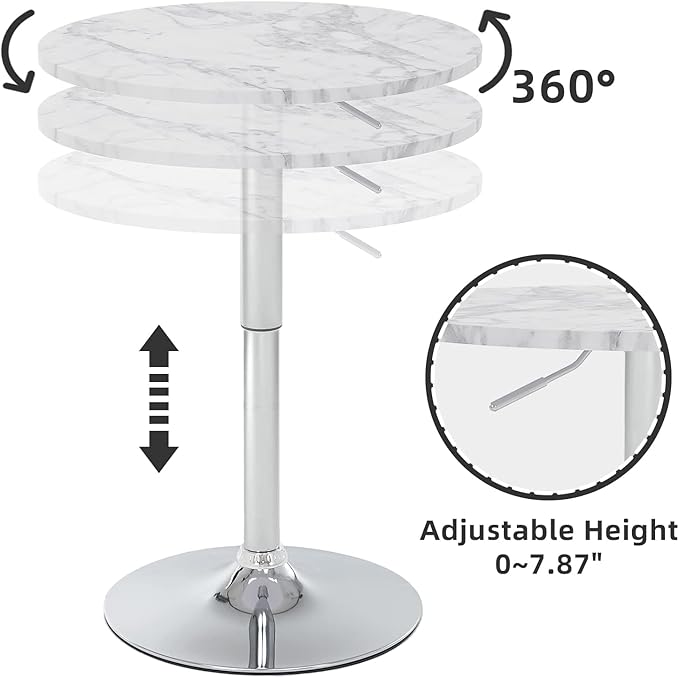 23.6" Round Bar Table, Adjustable Height Bar Table, Modern Cocktail Bar Table with MDF Top and Metal Base, Bistro Pub Table Suitable for Café, Kitchen Island, Bar Counter, White