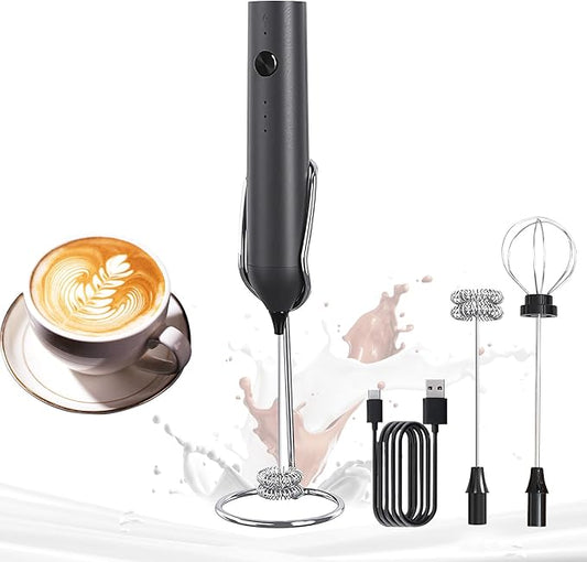 YARRAMATE Electric Milk Frother Wand with Stainless Steel Whisk and Stand, Fast Rechargeable Coffee Mixer with 3 Speeds, Handheld Drink Stirrer, Whisk Foam Maker for Lattes, Cappuccino, Matcha (Black)