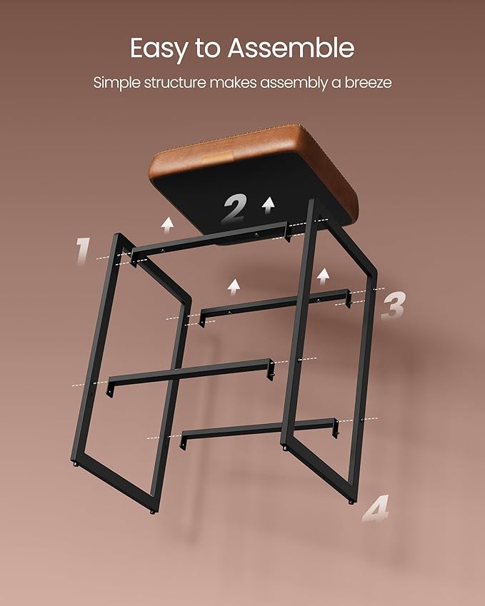 VASAGLE EKHO Collection - Bar Stools Set of 2, Counter Height Bar Stools, Synthetic Leather with Stitching, Mid-Century Modern Counter Stools, 26-Inch Tall, Kichen Home Bar Dining Room, Caramel Brown