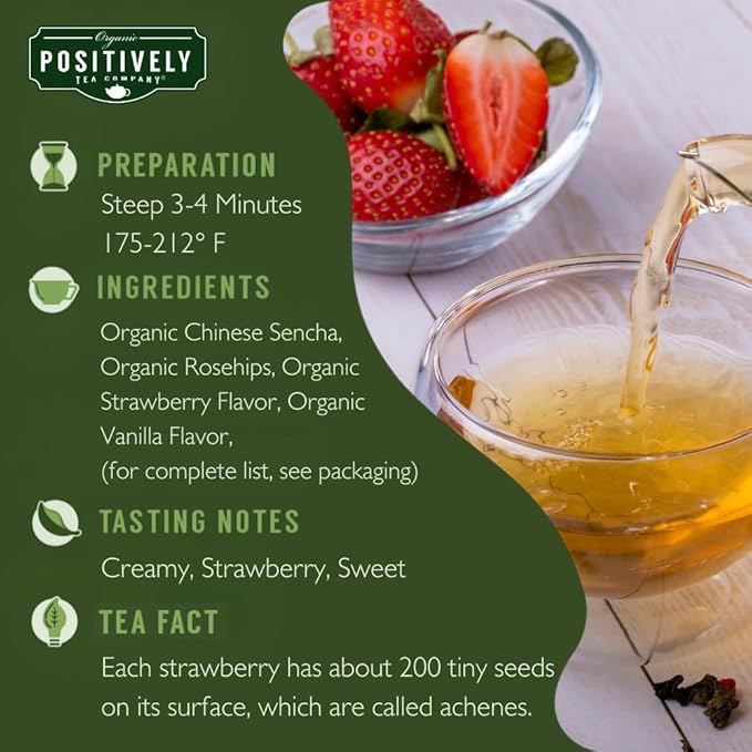 Organic Positively Tea Company, Strawberries and Cream, Green Tea, Loose Leaf, 4 Ounce