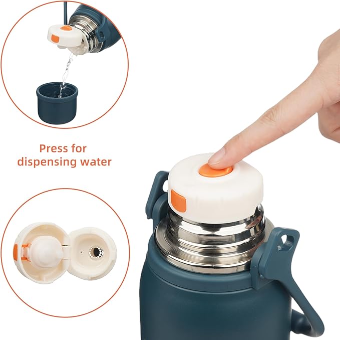 Insulated Water Bottle with Handle and Strap,Vacuum Travel Tumbler with Cup Lid,Thermo Coffee Cup for Hot Cold Drinks 40 OZ,Navy Blue