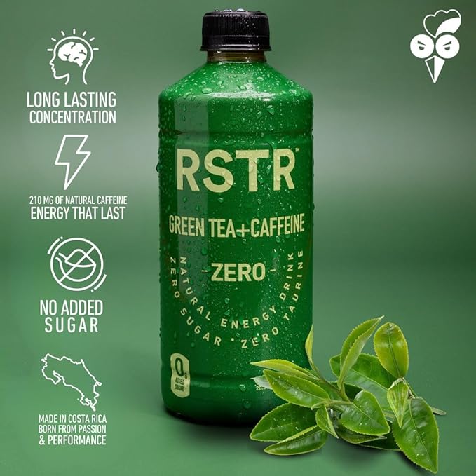 RSTR Green Tea 12 Pack – High Caffeine Iced Tea with 210mg Natural Caffeine – Unsweetened, Zero Added Sugar & Ultra Low Calories – Bottled Green Tea for Immediate Energy Boost