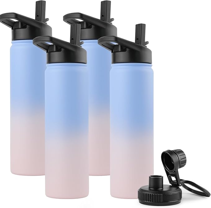 DOMICARE Insulated Water Bottle, 22 oz Vacuum Insulated Stainless Steel Reusable Sports Bottle with Straw Lid & Spout Lid for Travel, Camping, Bike, Leakproof, Blue/Pink, 4 Pack