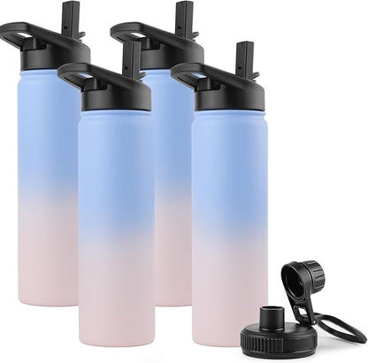 DOMICARE Insulated Water Bottle, 22 oz Vacuum Insulated Stainless Steel Reusable Sports Bottle with Straw Lid & Spout Lid for Travel, Camping, Bike, Leakproof, Blue/Pink, 4 Pack