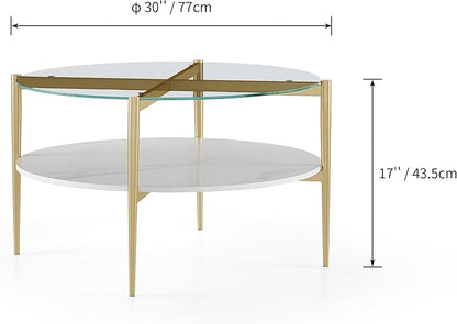 Shrine Modern Coffee Table with Glass Top, Round Table for Living Room, Two-Tier 30-Inch White Wooden Storage Coffee Table, Gold Table Legs Structure & Clear Glass Top