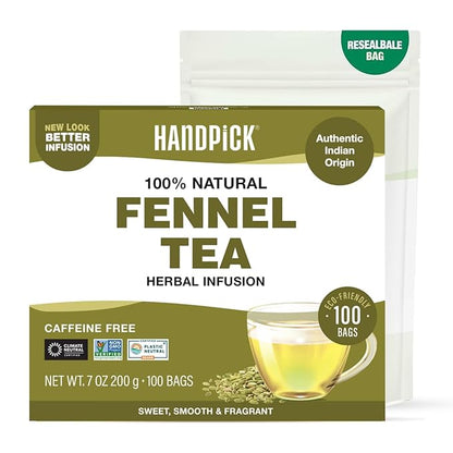 HANDPICK Fennel Seed Tea Bags (100 Count), Authentic Indian Origin with Natural Aroma & Sweetness | Naturally Support Digestion & Immune System | 100% Pure, Non GMO & Caffeine Free