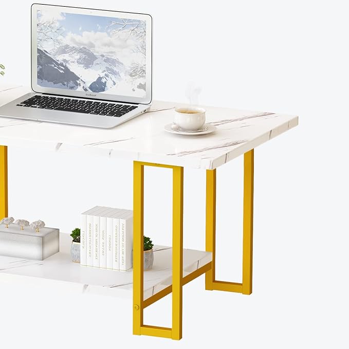 AWQM Marble Coffee Table, Faux Marble Top Rectangular Coffee Table with Gold Metal Frame, 2 Tier Living Room Table for Living Room, Office, Balcony, 40 Inch, White and Gold