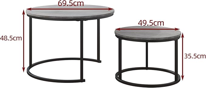 Nesting Round Coffee Table Set of 2 End Tables for Living Room,Grey Coffee Table Wooden Accent Furniture with Metal Frame,Stacking Side Tables,Black+Warm Grey