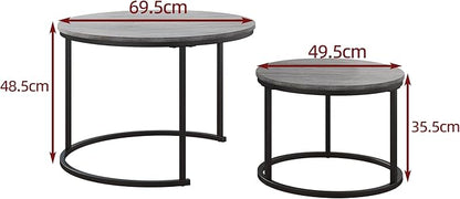 Nesting Round Coffee Table Set of 2 End Tables for Living Room,Grey Coffee Table Wooden Accent Furniture with Metal Frame,Stacking Side Tables,Black+Warm Grey