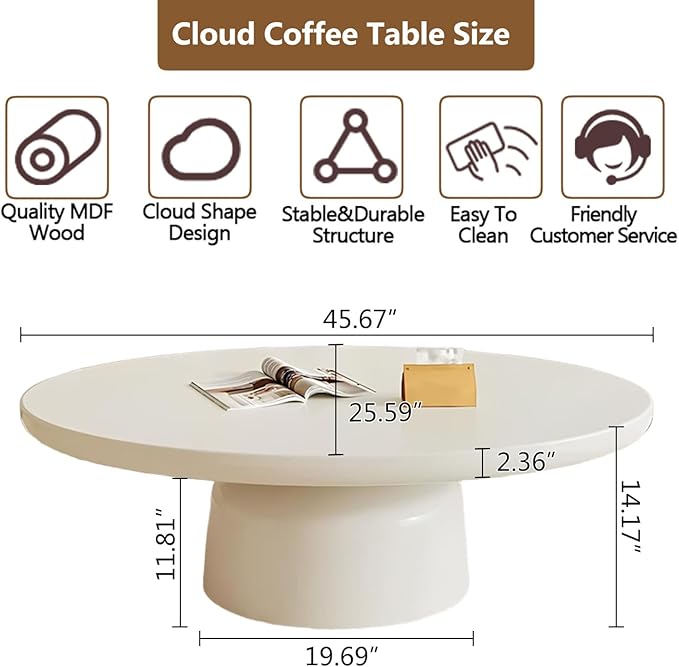 Oval Coffee Table Modern Cute White Coffee Tables Irregular Simple Tea/Center Table for Small Space End Table for Living Room, Home Office, Indoor (White Oval-L45.6")