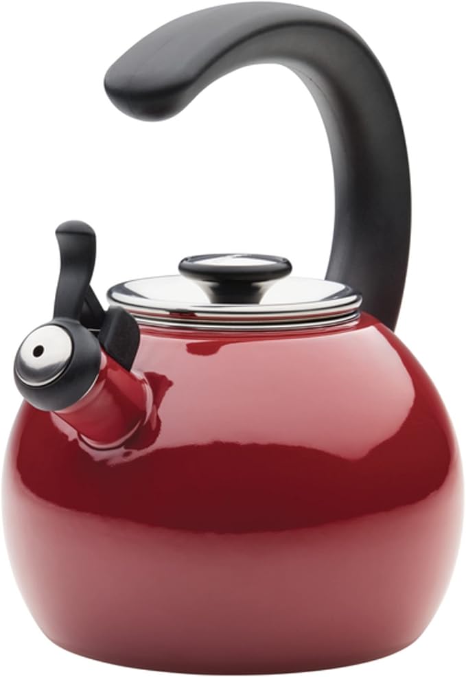 Circulon Enamel on Steel Whistling Teakettle/Teapot With Flip-Up Spout, 2 Quart - Red