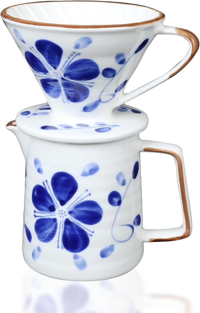 Ceramic Pour Over Coffee Dripper Set, Porcelain Pourover Coffee Dripper for 1–4 Cups, V60 (White & Blue)