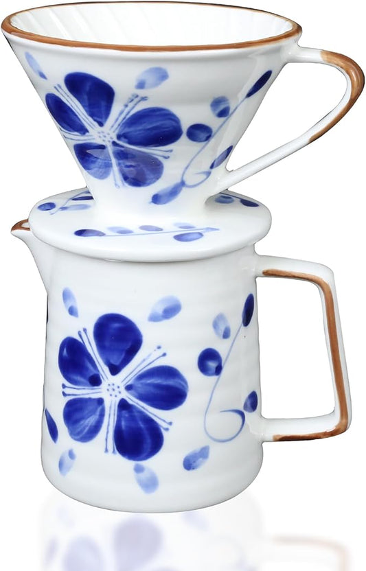 Ceramic Pour Over Coffee Dripper Set, Porcelain Pourover Coffee Dripper for 1–4 Cups, V60 (White & Blue)
