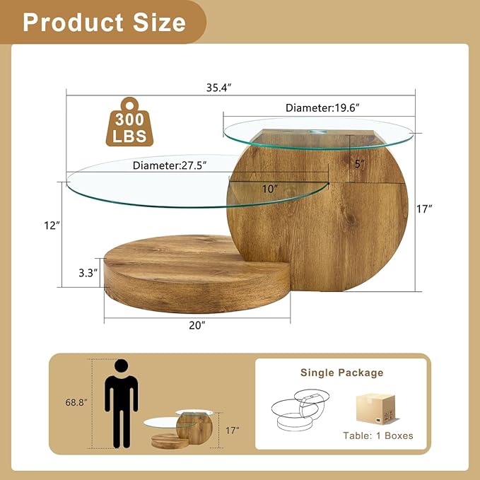 35 Inch Glass Coffee Table，Round Coffee Table with 2-Tier Tempered Glass Tabletop，Easy to Clean Circle Coffee Table with Sturdy Base for Living Room，Office （Brown Colored Base）