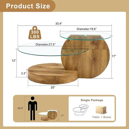 35 Inch Glass Coffee Table，Round Coffee Table with 2-Tier Tempered Glass Tabletop，Easy to Clean Circle Coffee Table with Sturdy Base for Living Room，Office （Brown Colored Base）