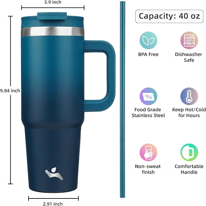40 oz Tumbler with Handle and 2 Straws,2 in 1 Lid Insulated Water Bottle Stainless Steel Travel Coffee Mug,Indigo Black