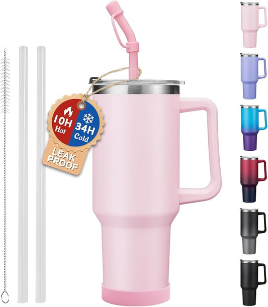 Insulated Tumbler Cups for Hot and Cold - 40 oz Travel Mug with Handle, Spill Proof Straw and Spout Lid, Leak Resistant Stainless Steel Water Bottle Keep Cold-34H, Dishwasher Safe