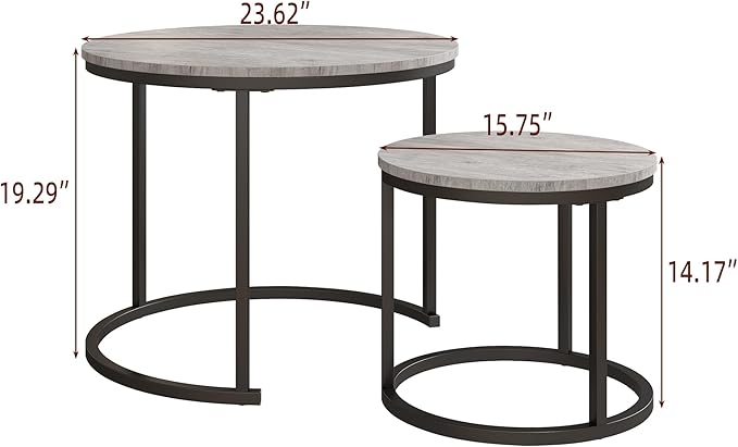 Round Coffee Table Set of 2 for Living Room,Black Small Coffee Table Living Room,Nesting Tables Metal Frame/Wood,Sturdy/Easy Assembly,Stacking Side Tables Bedroom,Grey