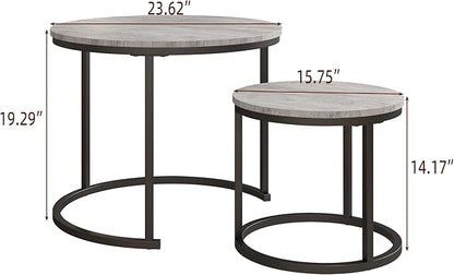 Round Coffee Table Set of 2 for Living Room,Black Small Coffee Table Living Room,Nesting Tables Metal Frame/Wood,Sturdy/Easy Assembly,Stacking Side Tables Bedroom,Grey
