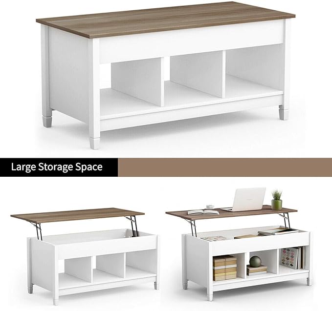 DORTALA Lift Top Coffee Table, Wood Cocktail Table w/Hidden Compartment & Lower Storage Shelves, Wood Laptop Table, Lift Tabletop Home Furniture for Living Room, Guest Room, Office, White