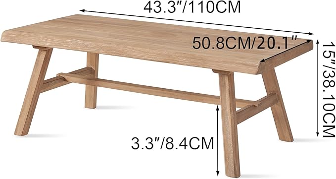 Wnutrees 43" Farmhouse Solid Wood Coffee Table, Rustic Rectangular Center Table for Living Room, Natural