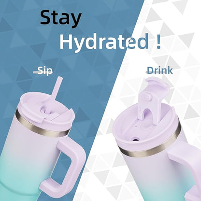 30 oz Tumbler with Handle and 2 Straws,2 in 1 Lid Insulated Water Bottle Stainless Steel Travel Coffee Mug,Lavender Green