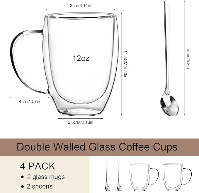 Double Wall Glass Coffee Mugs 12 OZ, Clear Coffee Cup With Handle,Insulated Coffee Mugs Set of 2 With Spoons Perfect for Espresso, Cappuccino, Latte, American,Tea Bag, Beverage