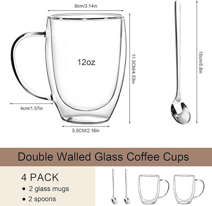 Double Wall Glass Coffee Mugs 12 OZ, Clear Coffee Cup With Handle,Insulated Coffee Mugs Set of 2 With Spoons Perfect for Espresso, Cappuccino, Latte, American,Tea Bag, Beverage