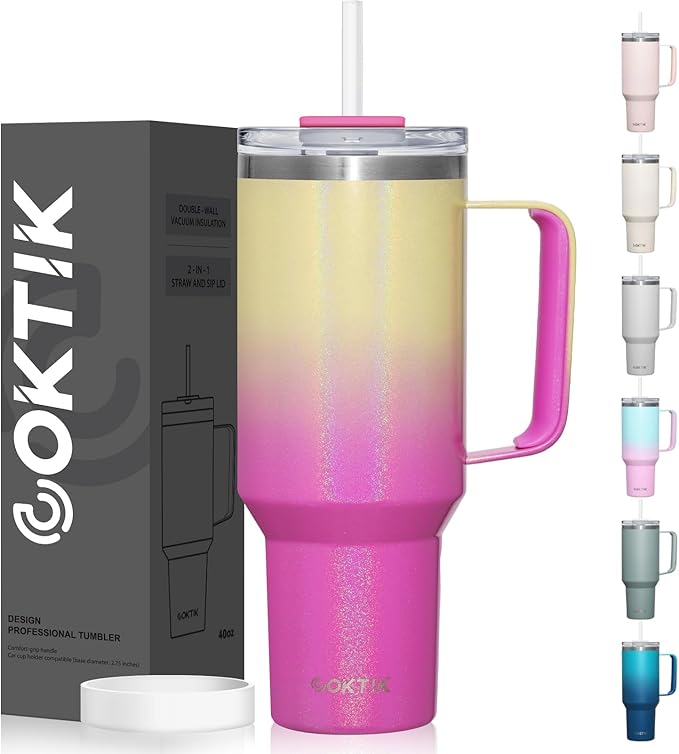 COKTIK 40 oz Tumbler With Handle and Straw Lid, Vacuum Insulated Travel Coffee Mug Stainless Steel Insulated Cup for Beverages, Leak-proof, Cupholder Friendly (Glitter Rainbow)