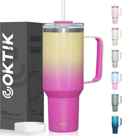 COKTIK 40 oz Tumbler With Handle and Straw Lid, Vacuum Insulated Travel Coffee Mug Stainless Steel Insulated Cup for Beverages, Leak-proof, Cupholder Friendly (Glitter Rainbow)
