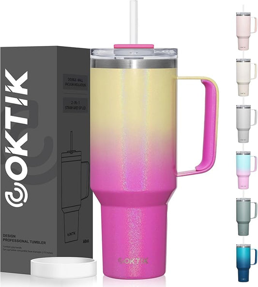 COKTIK 40 oz Tumbler With Handle and Straw Lid, Vacuum Insulated Travel Coffee Mug Stainless Steel Insulated Cup for Beverages, Leak-proof, Cupholder Friendly (Glitter Rainbow)