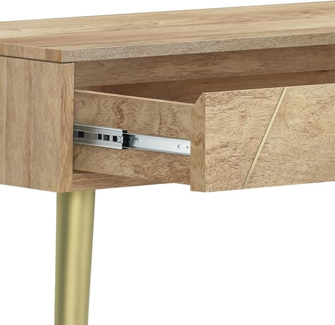 SIMPLIHOME Jager Console Table - 48 Inch Wide Solid Mango Wood Sofa Table in Natural, Mid-Century Modern Storage Table for Entryway or Living Room with 2 Drawers, Brass Inlay, and Gold Metal Legs