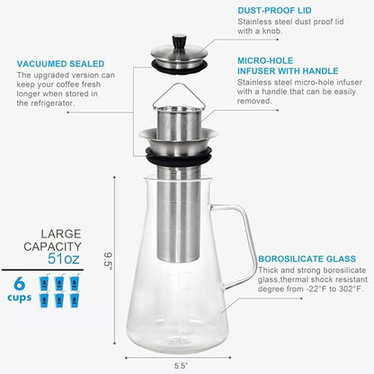 Aquach Airtight Cold Brew Coffee (Iced Tea) Maker 51oz/1.5L, BPA-Free, Durable Borosilicate Glass Pitcher and Stainless Steel Fine-Mesh Filter, Dishwasher Safe, Spill-proof, 6 Cups Capacity
