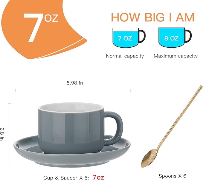 7 oz Coffee Cups with Saucers Spoons - Set of 6 Cappuccino Cups, Grey Porcelain Cups Serving for Tea Espresso Latte Mocha