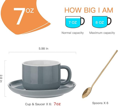 7 oz Coffee Cups with Saucers Spoons - Set of 6 Cappuccino Cups, Grey Porcelain Cups Serving for Tea Espresso Latte Mocha