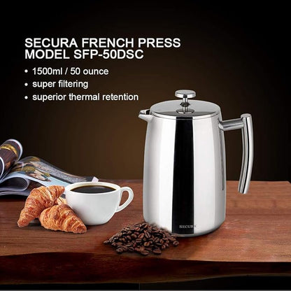 Secura French Press Coffee Maker, 50-Ounce, 304 Stainless Steel Insulated Coffee Press with Extra Screen