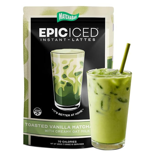 Matchabar Epic Iced Instant Latte Powder | Toasted Vanilla Matcha w/Oat Milk Base | Low Sugar, Non-Diary & Vegan Instant Iced Matcha Powder | Barista-Quality Creamy Latte Mix | 10 Servings