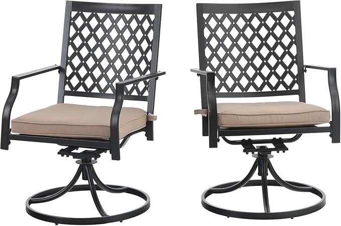 PHI VILLA Outdoor Metal Swivel Chairs Set of 2 Patio Dining Chair with Cushion Furniture Set for Garden Backyard Bistro, Small Grid, Black
