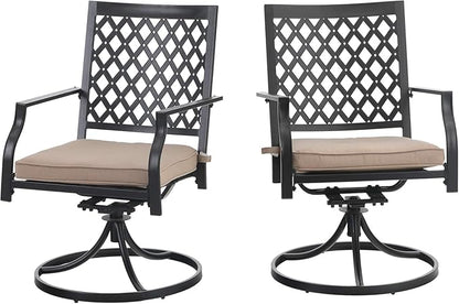 PHI VILLA Outdoor Metal Swivel Chairs Set of 2 Patio Dining Chair with Cushion Furniture Set for Garden Backyard Bistro, Small Grid, Black