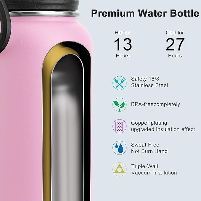 koodee Insulated Water Bottle, 18 oz Stainless Steel Double Wall Vacuum Wide Mouth Sport Bottle with Leakproof Spout Lid (Pink)