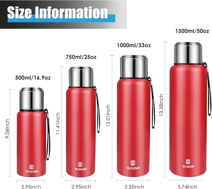 Insulated vacuum Thermo Bottle 1500ml/50.7oz with cup Stainless steel coffee bottles for hot and cold drink water flask.(Red,1500ml)