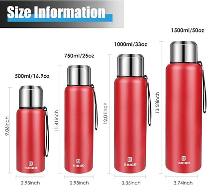 Insulated vacuum Thermo Bottle 750ml/25.4oz with cup Stainless steel coffee bottles for hot and cold drink water flask.(Red,750ml)