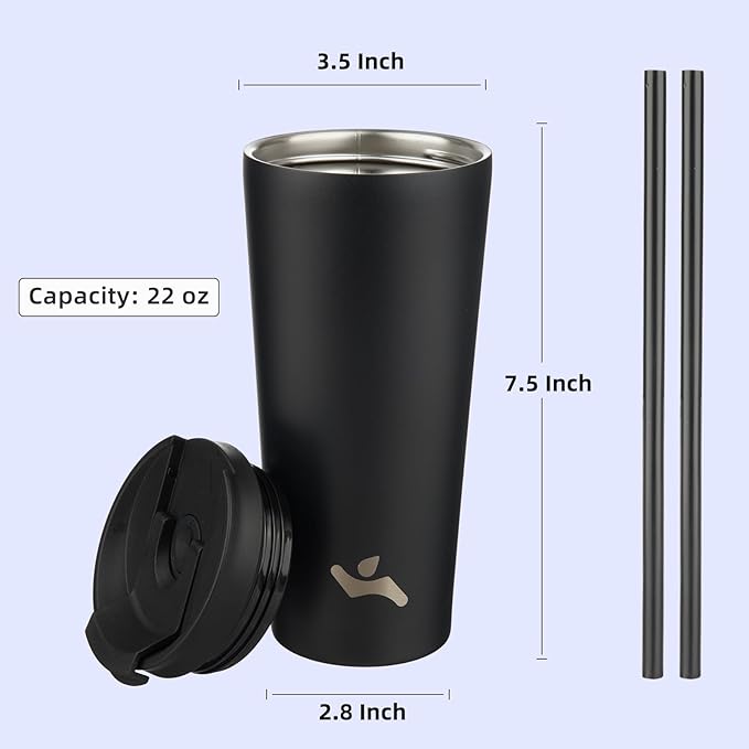 22 OZ Insulated Tumbler with Lid and 2 Straws Stainless Steel Water Bottle Vacuum Travel Mug Coffee Cup,Black