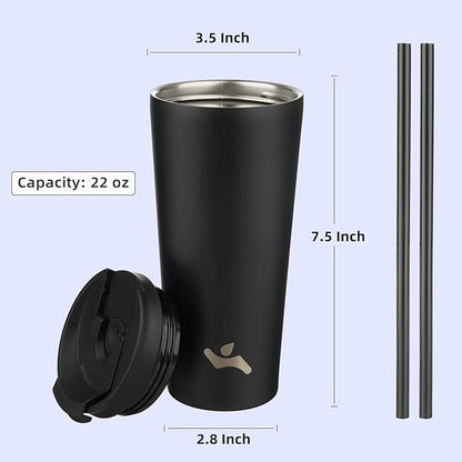22 OZ Insulated Tumbler with Lid and 2 Straws Stainless Steel Water Bottle Vacuum Travel Mug Coffee Cup,Black